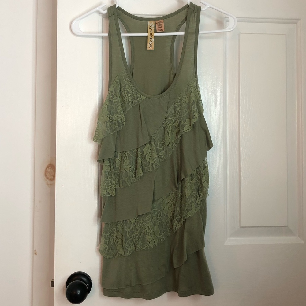 Olive green racerback Tank top with flirty lace layers Small Eyeshadow brand